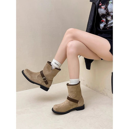 Retro Niche Design Belt Buckle Thick Heel Short Boots for Women 2025 Autumn and Winter New Thick-Soled Elegant Boots