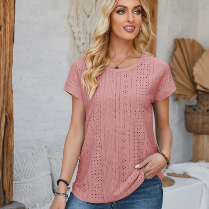 Amazon Independent Station Cross-border European and American Foreign Trade Women's Short-sleeved T-shirt US-size Needle-eye Hollow-out Crewneck Top