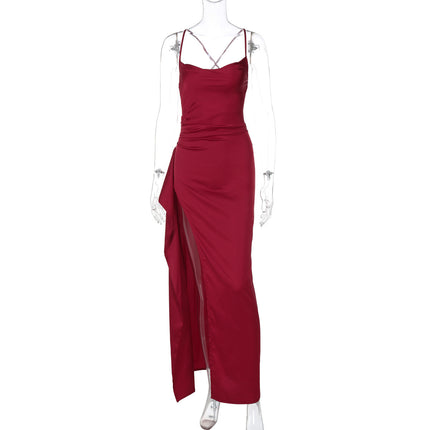 European and American Cross-Border Women's Fashion Spaghetti Strap Backless Slit Tie-Back Slim Sexy Light Luxury Evening Long Dress