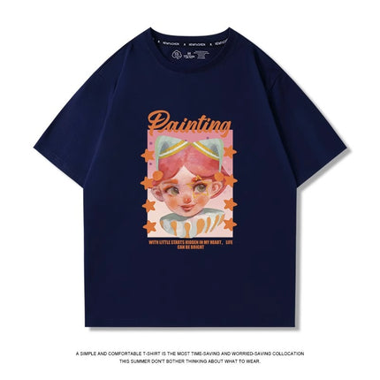 Navy Blue Short-Sleeved T-Shirt for Women, Summer 2026 New Popular Style, Loose Fit, Pure Cotton, Half-Sleeve, Drop Shoulder Design, Slimming Top