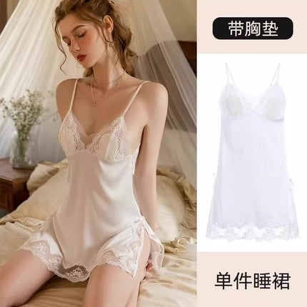2026 New Sexy High-End Dress, Ice Silk Nightgown, Lace Dress with Straps, V-Neck Nightgown with Chest Pads