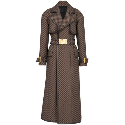 In Stock 2026 Autumn and Winter New European and American Celebrity Fashion Belted Jacquard Maze Pattern Extended Trench Coat