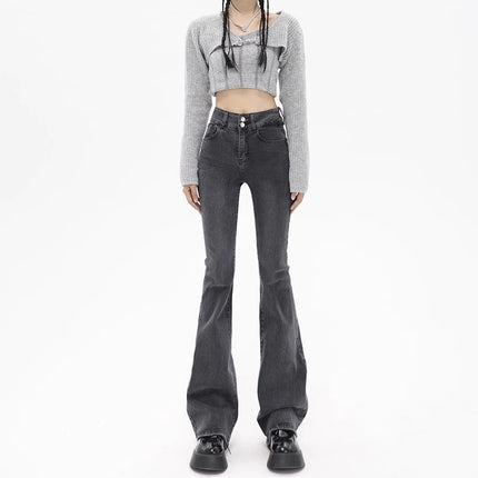 Grey Micro La Jeans Women's Autumn Trendy All-match New American Style Slim Look High Waist Stretch Horseshoe Trousers
