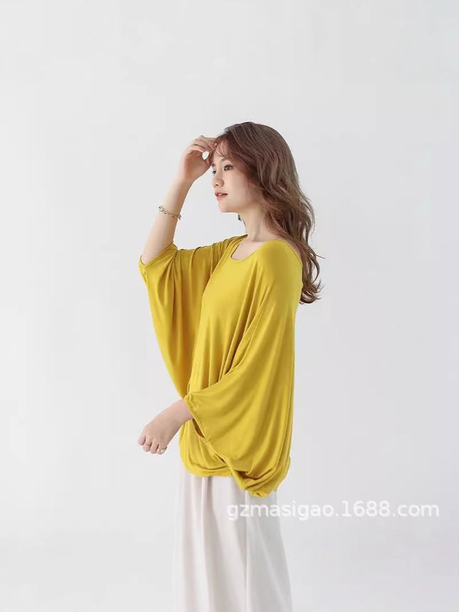 Soft Thin Bat Sleeve T-Shirt for Women Spring and Summer New Large Size Loose Slim Round Neck Top for Outer Wear Large Women's Clothing