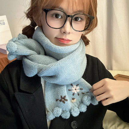 Sun Flower Rain ~ dark blue light blue * Cute Flower Embroidered Scarf Handmade Fur Ball Autumn and Winter Warm Wool Scarf