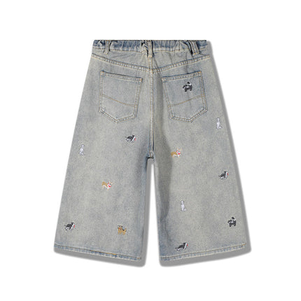 Vintage Washed Denim Shorts with Dog Embroidery for Men and Women, Summer Trendy Loose Fit Versatile Wide-Leg Cropped Pants