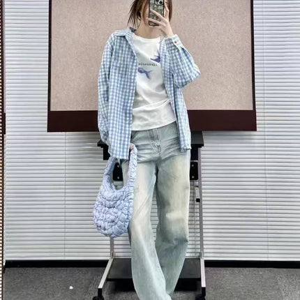 Japanese Style Sweet Cream Blue and White Plaid Shirt Women's Spring New Pleated Design Sense Outer Wear Shirt Coat Top