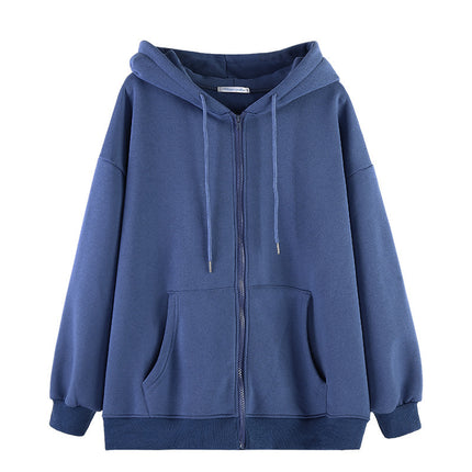 European and American Cross-border Foreign Trade Autumn and Winter Zipper Hoodie Women's Loose Cardigan Top Thickened fleece-lined Solid Color Jacket