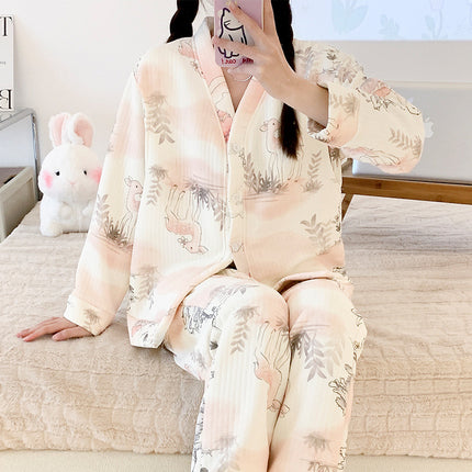 New online celebrity pregnant women nursing pajamas autumn and winter thickened plus size sandwich air cotton maternity cardigan warm confinement clothing