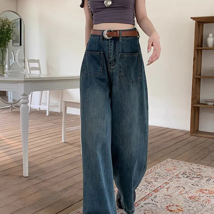 Pear-Shaped Figure Wide-Leg Jeans for Women, Autumn Plus-Size Retro High-Waisted Loose Slimming Straight Pants