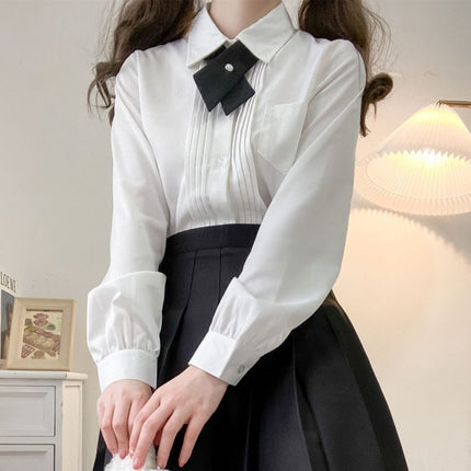 Original JK uniform organ pleat college style loose all-match white pointed collar long sleeve shirt Japanese basic top