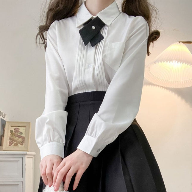 Original JK uniform organ pleat college style loose all-match white pointed collar long sleeve shirt Japanese basic top