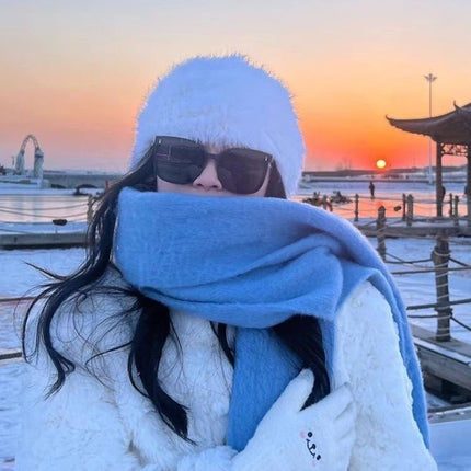 Factory new solid color haze blue scarf women's winter fluffy hair thickened students white students warm scarf