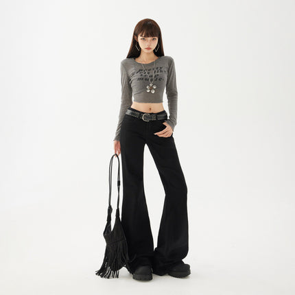 Yc&2-Color American Retro Low-Waist Sexy Flared Pants for Autumn and Winter Micro-Elastic Versatile Slimming Look Jeans for Women