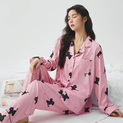 Bow Dog Cartoon Sweet Cute Wind Women's Pajamas Ice Silk Early Spring Comfortable Long Sleeve Home Clothes
