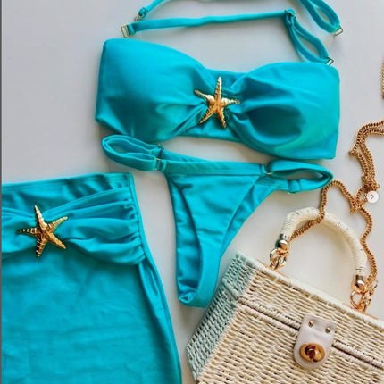 Three-piece Sling 2025 New Bikini European and American Sexy Bikini Solid Color Cross-border Split Swimsuit Bikini