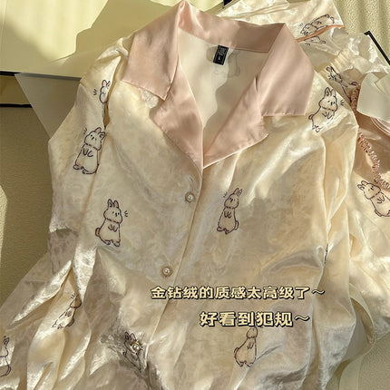 Velvet Pajamas for Women, Cute Rabbit Autumn and Winter Long-Sleeve Long Pants Sweet and Cute Warm Loungewear Two-Piece Set