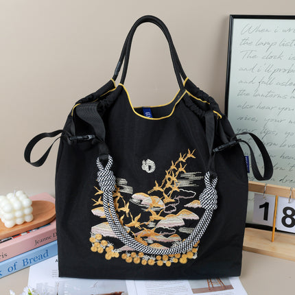 Cross-Border New Embroidered Shoulder Bag Large Capacity Bag Women's Environmentally Friendly Shopping Bag Embroidered Crossbody Bag Nylon Tote Bag