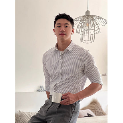 Spring and Autumn Korean Style High-end Sense Light Mature Style Light Business Casual Shirt Men's Slim-fit Hidden Button Long-sleeved Striped Shirt