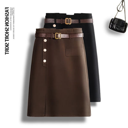 Woolen Skirt Women's Mid-Length 2024 Autumn and Winter High-Waisted Brown Petite Slit A-Line Hip Skirt Winter Skirt