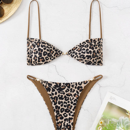 2025 European and American New Leopard Print Swimsuit Women's Three-point Lace-up Neck Sexy Tight Bikini Split Swimsuit