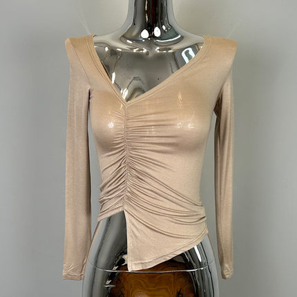 New Products from Dongdaemun, South Korea, Are Skin-Friendly and Show Off Your Figure~Sexy V Neck Pleated Slim Long-Sleeved T-Shirt Ye