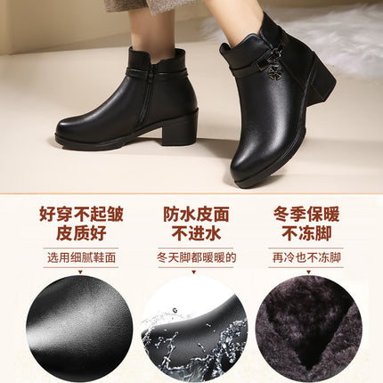 Mom's shoes winter fleece-lined winter shoes middle-aged autumn and winter women's shoes middle-heel non-slip leather shoes cotton-padded shoes warm short boots