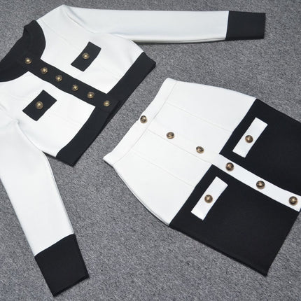 Cross-border 2020 Europe and the United States new temperament black and white color matching breasted cardigan A- line skirt suit factory wholesale 4 colors