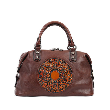 Embossed Totem Tote Bag in Vegetable-Tanned Leather for Women, Commuter Handbag, Large Capacity Shoulder Crossbody Dumpling Bag