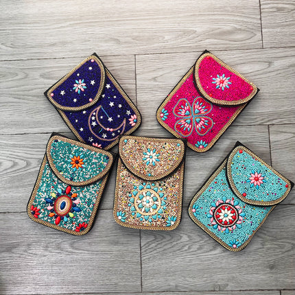 Red Lotus Women's Mobile Phone Bag Xinjiang Inner Mongolia Yunnan Travel Souvenir Retro Heavy Industry Rice Bead Shoulder Bag