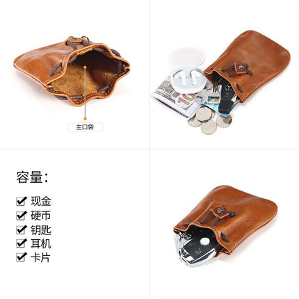 New Style Cowhide Niche Vintage Small Coin Purse Coin Headset Storage Bag Leather Drawstring Mini Small Wallet Trendy