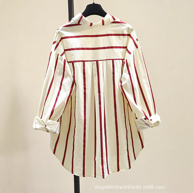 Age-reducing Green Striped Shirt Women's 2025 Spring and Summer New Korean-style Loose Casual Long-sleeved Shirt Sun Shirt Top