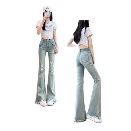 Ripped Raw Edge Bootcut Jeans for Women Summer 2025 New High-Waist Slim Design Flared Floor-Length Pants