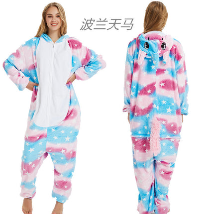 Cartoon One-Piece Cross-Border New Flannel Autumn and Winter Pajamas Animal Luminous Pegasus Dinosaur Couple Pajamas Home Clothes