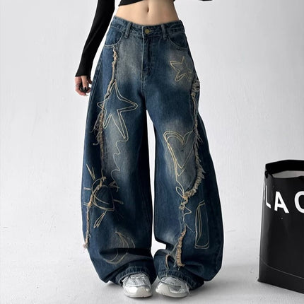American Retro Raw Edge Embroidered Washed Scimitar Jeans Autumn Men's and Women's Street Loose Wide-Leg Floor-Length Pants