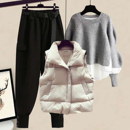 plus size women's autumn and winter suit women's 2024 new wear western style vest shirt slim cargo pants three-piece set