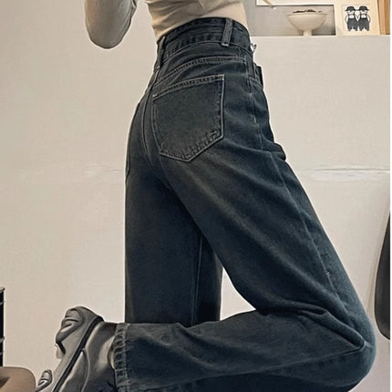 Cement Grey Narrow Wide Leg Jeans Women's Fashion All-match New Korean Style High Waist Loose Straight Casual Long Pants
