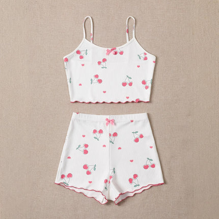 2025 Cherry Heart Print Camisole and Shorts Women's Pajama Two-Piece Set Home Wear Set with 3D Print