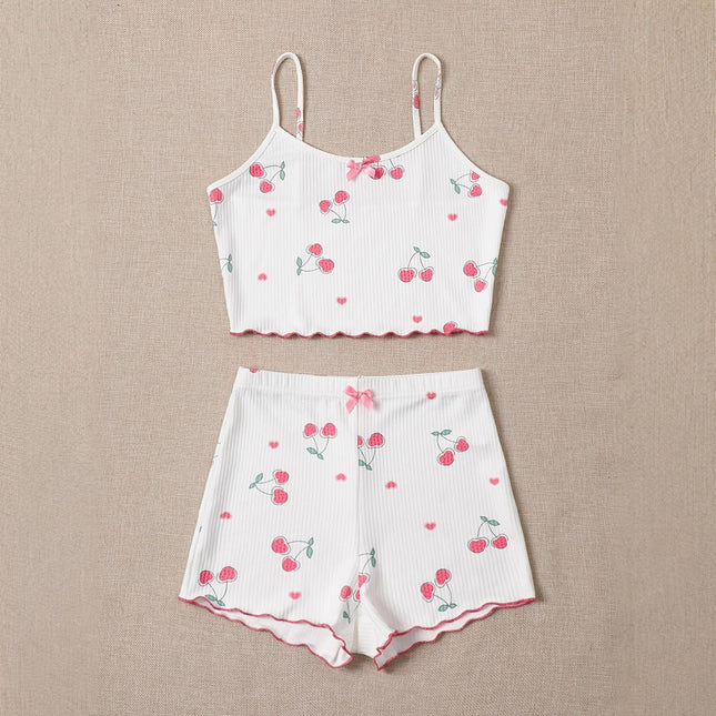 2025 Cherry Heart Print Camisole and Shorts Women's Pajama Two-Piece Set Home Wear Set with 3D Print