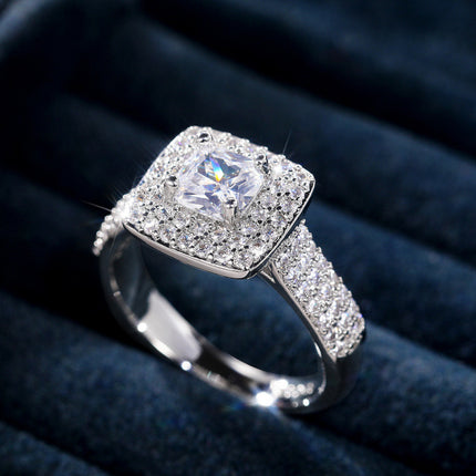 Full Diamond Micro-Paved Princess Diamond Zircon Ring European and American Luxury Engagement Ring Light Luxury Fashion Hand Jewelry