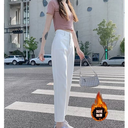 fleece-lined Thickened Harlan Jeans Women's Fashion All-match New High Waist Slimming Loose Casual Turnip Pants