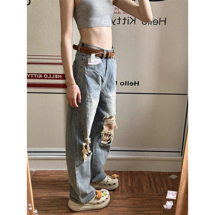 Distressed Ripped Straight-Leg Jeans for Women, American Retro High-Waisted Loose Slimming Versatile Distressed Wide-Leg Floor-Length Pants