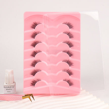 Cross-Border European and American False Eyelashes, Naturally Curled, Full Black Stem, Multi-Layered, Three-Dimensional, Orange Tray, One-Piece Set of 7 Pairs of Eyelashes