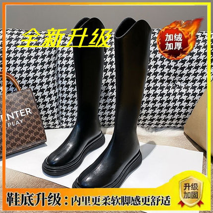 Fashionable and Elegant Long Slim Boots with Back Zipper, Knee-High Thick-Soled High Boots, 2025 Spring New Plush Women's Boots