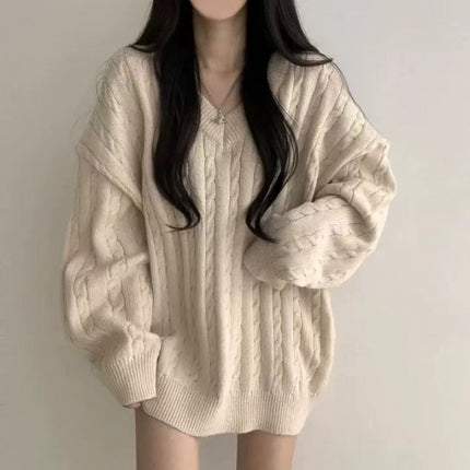 In-Stock Korean Chic Loose Lazy Autumn and Winter Sweater for Women with Cable Knit Design, Simple Thick Knit Top