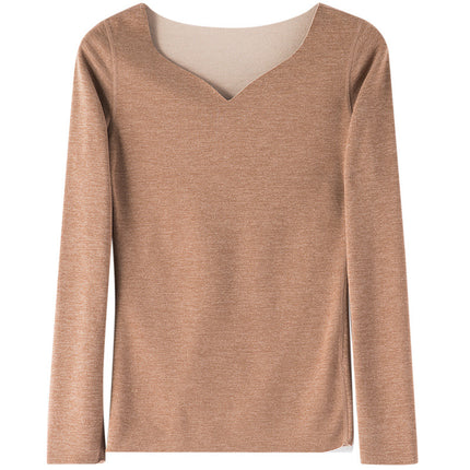 Warm top women's winter love neckline inner brushed fleece-lined thick loose all-match long sleeve seamless bottoming shirt