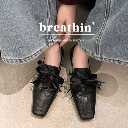 Ready Stock and Shipped in Seconds! Retro Square Toe Lace-Up Loafers, One-Leg Bow Ballet Shoes, Low-Heeled Small Leather Shoes for Women