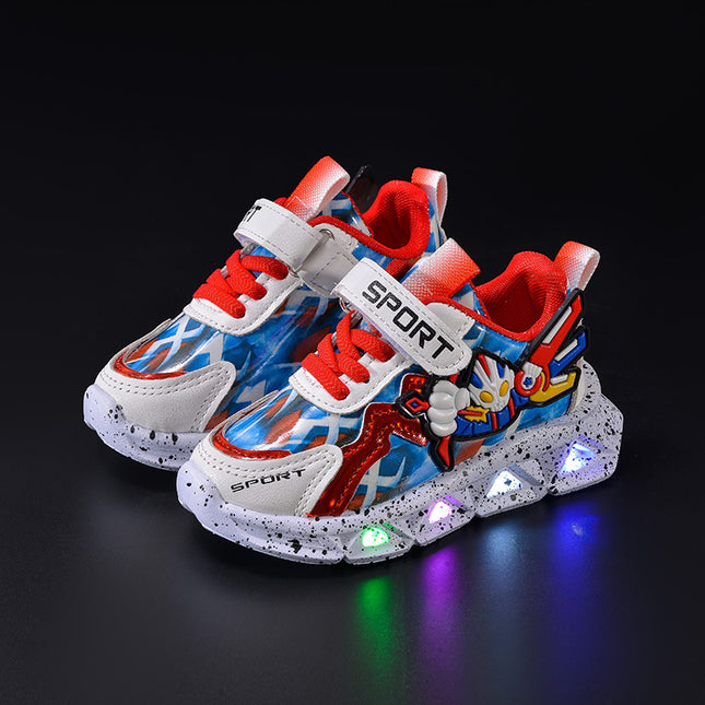 Spring and autumn 2025 new leather bright lights children's sneaker wholesale cartoon with lights boys soft bottom running shoes in stock