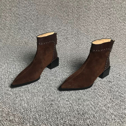 French High-End Medium Thick Heel Short Boots for Women 2025 Winter Rear Zipper Rivet Fashion Boots Slim Boots Elegant Elastic Boots