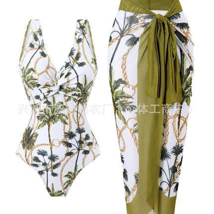 European and American Explosions Coconut Tree Twist One-piece Swimsuit Women's Two-piece Belly-covering Sexy Belt Mesh Skirt Foreign Trade OEM